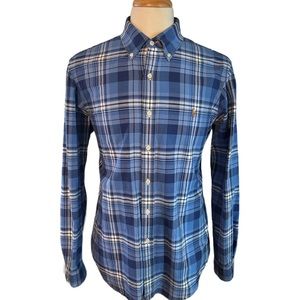 Polo Ralph Lauren Mens Long Sleeve Button Plaid Blue White Cotton Shirt Size L